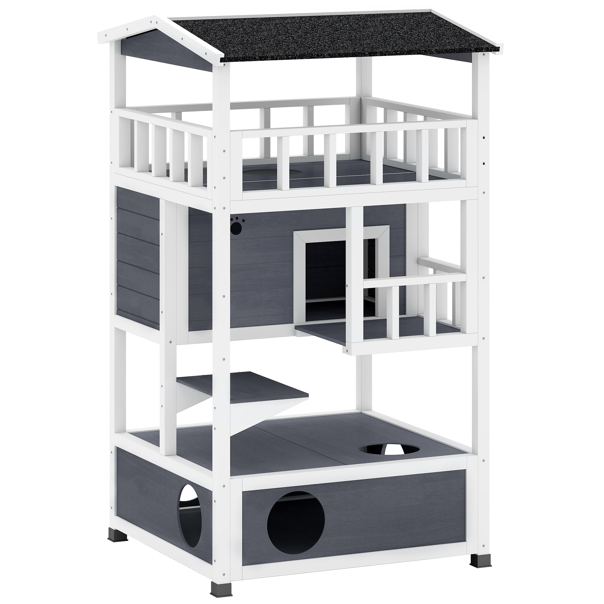 Wooden Cat House, Winterproof Waterproof Cat Cottage with Roof, Cat Cave, 4 Floors Cat Villa with Terrace and Stairs for Outdoor Garden Balcony, 75.5 x 75 x 137 cm, Gray