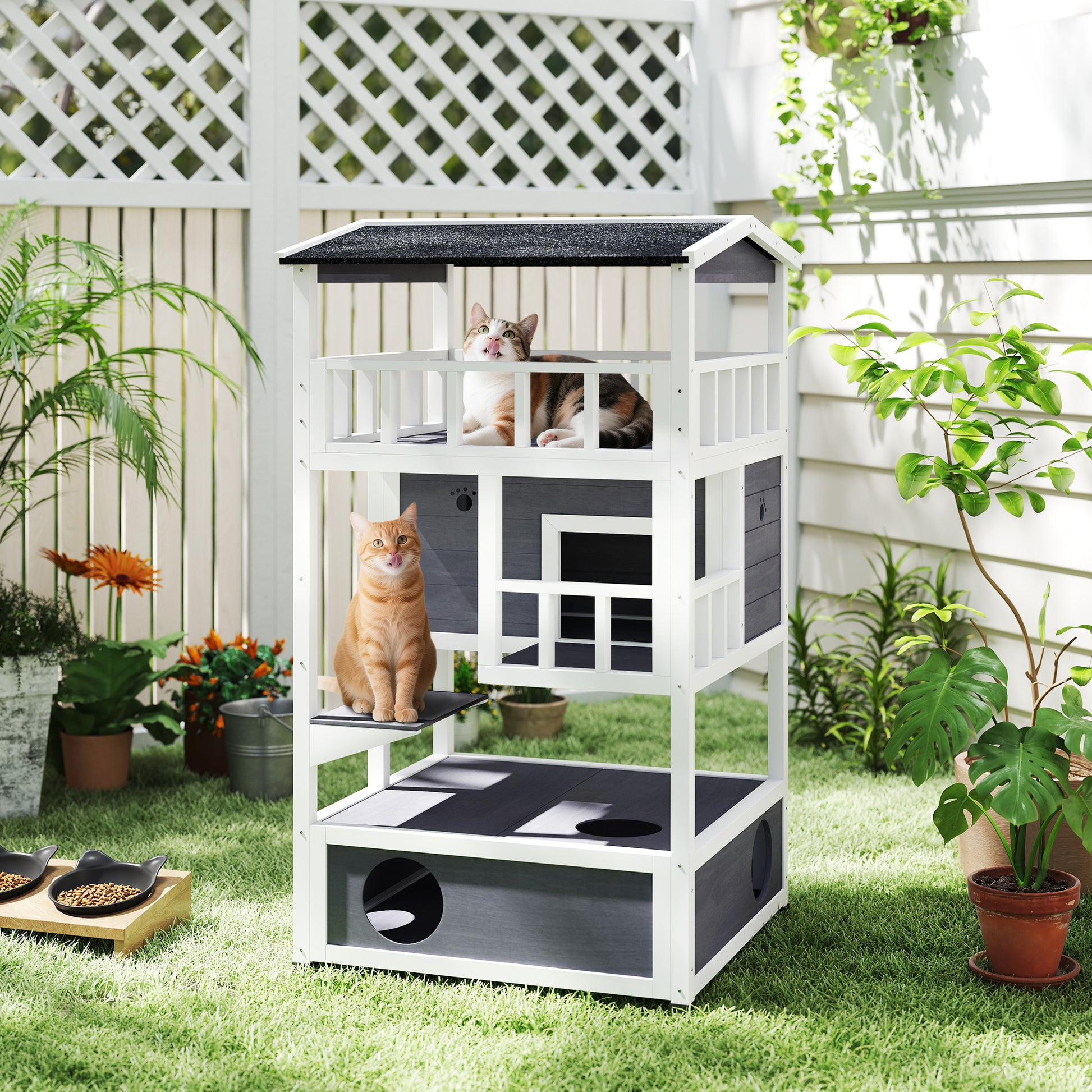 Wooden Cat House, Winterproof Waterproof Cat Cottage with Roof, Cat Cave, 4 Floors Cat Villa with Terrace and Stairs for Outdoor Garden Balcony, 75.5 x 75 x 137 cm, Gray