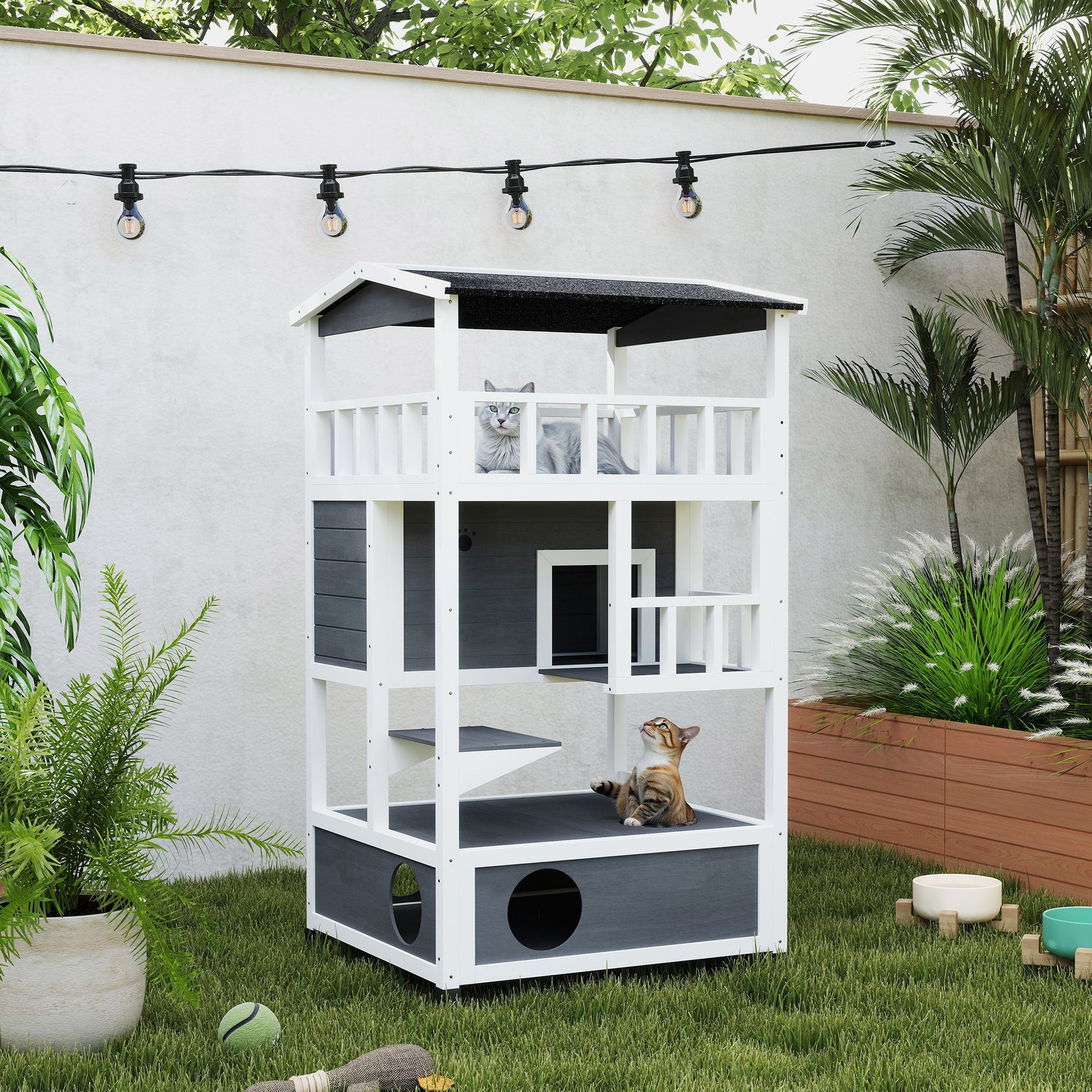 Wooden Cat House, Winterproof Waterproof Cat Cottage with Roof, Cat Cave, 4 Floors Cat Villa with Terrace and Stairs for Outdoor Garden Balcony, 75.5 x 75 x 137 cm, Gray
