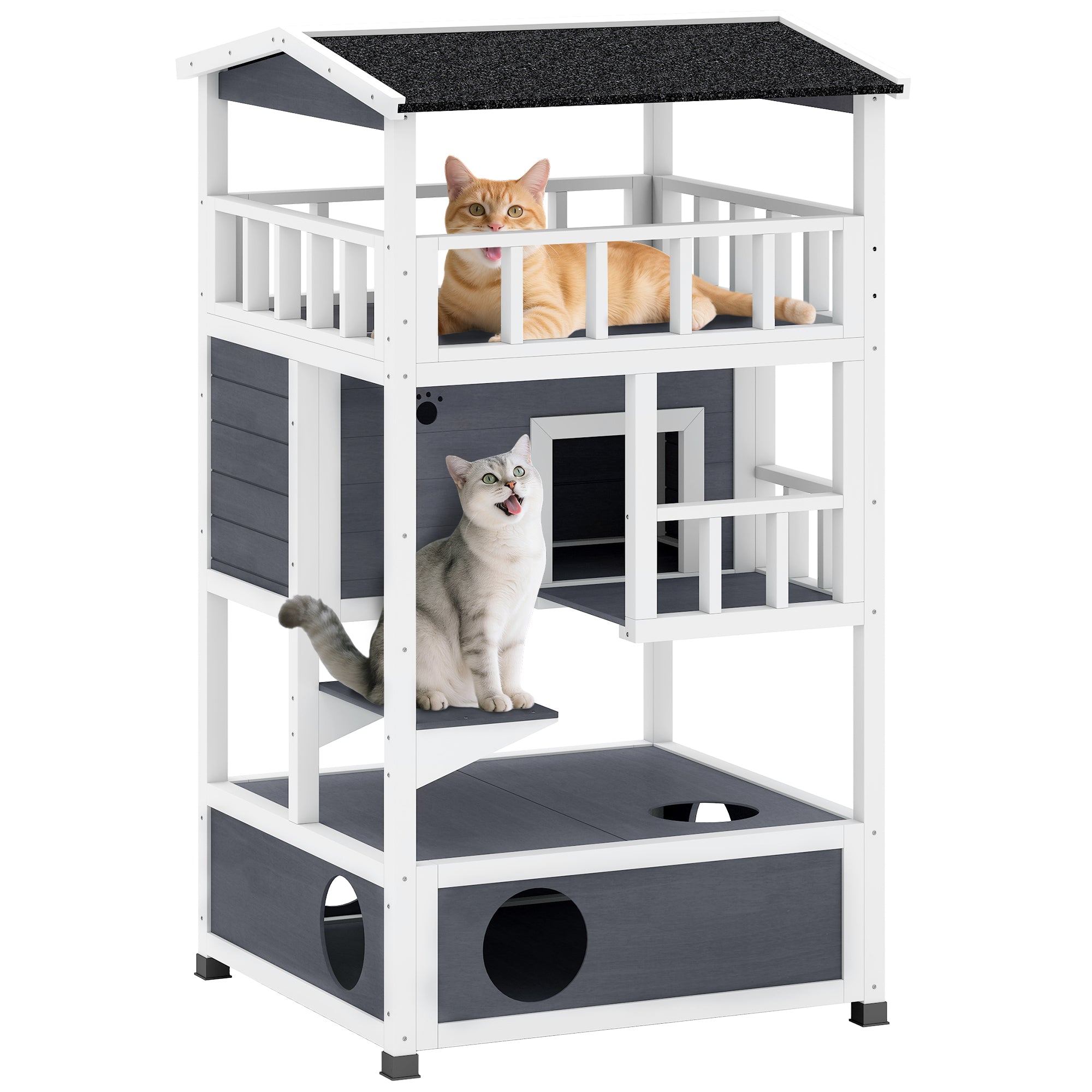 Wooden Cat House, Winterproof Waterproof Cat Cottage with Roof, Cat Cave, 4 Floors Cat Villa with Terrace and Stairs for Outdoor Garden Balcony, 75.5 x 75 x 137 cm, Gray