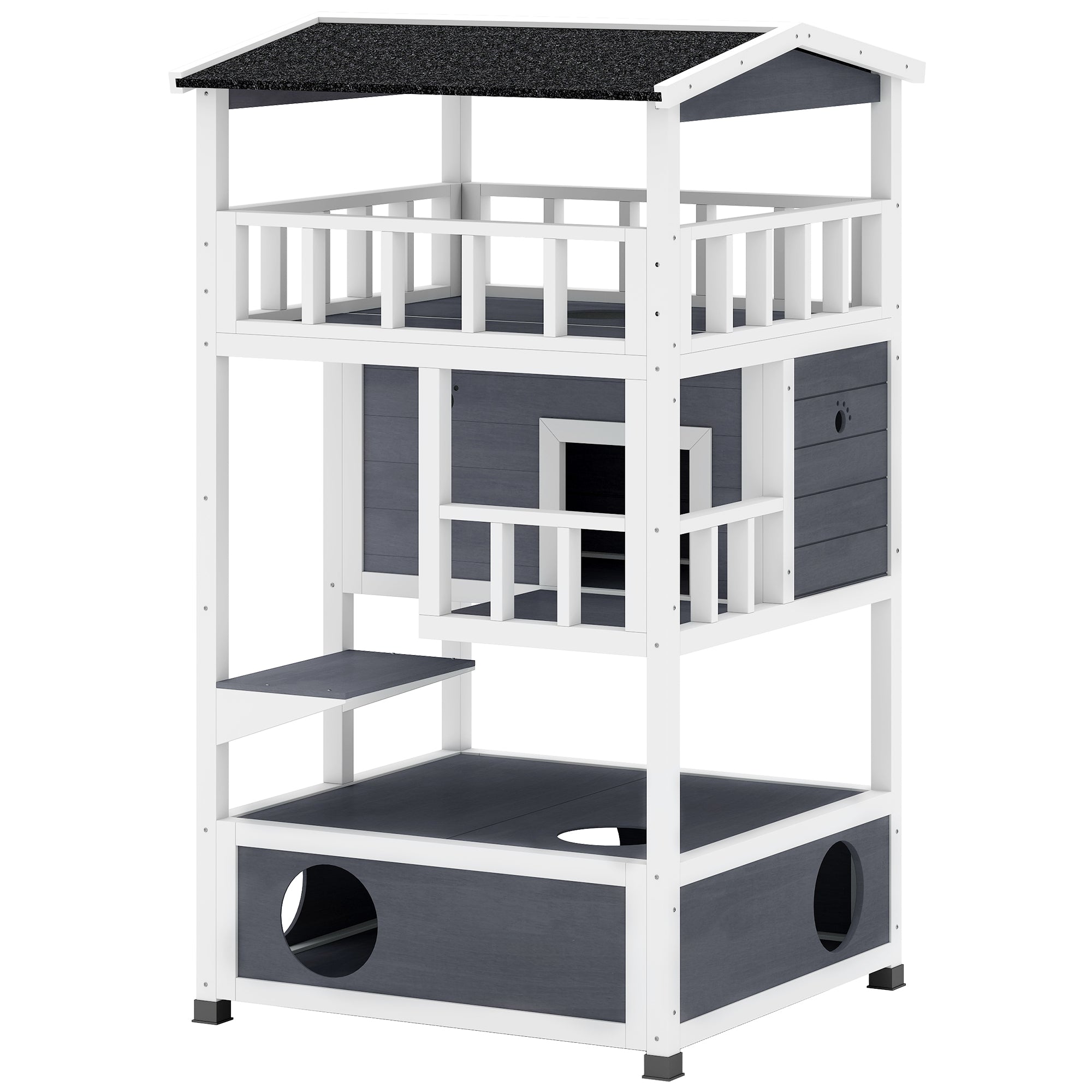 Wooden Cat House, Winterproof Waterproof Cat Cottage with Roof, Cat Cave, 4 Floors Cat Villa with Terrace and Stairs for Outdoor Garden Balcony, 75.5 x 75 x 137 cm, Gray