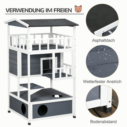 Wooden Cat House, Winterproof Waterproof Cat Cottage with Roof, Cat Cave, 4 Floors Cat Villa with Terrace and Stairs for Outdoor Garden Balcony, 75.5 x 75 x 137 cm, Gray