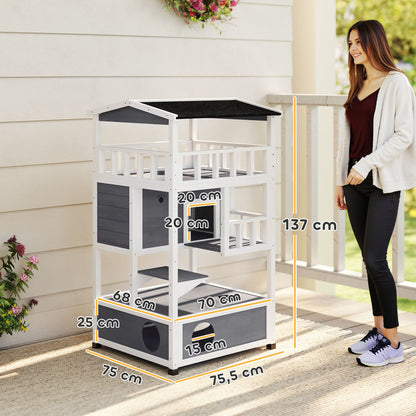 Wooden Cat House, Winterproof Waterproof Cat Cottage with Roof, Cat Cave, 4 Floors Cat Villa with Terrace and Stairs for Outdoor Garden Balcony, 75.5 x 75 x 137 cm, Gray