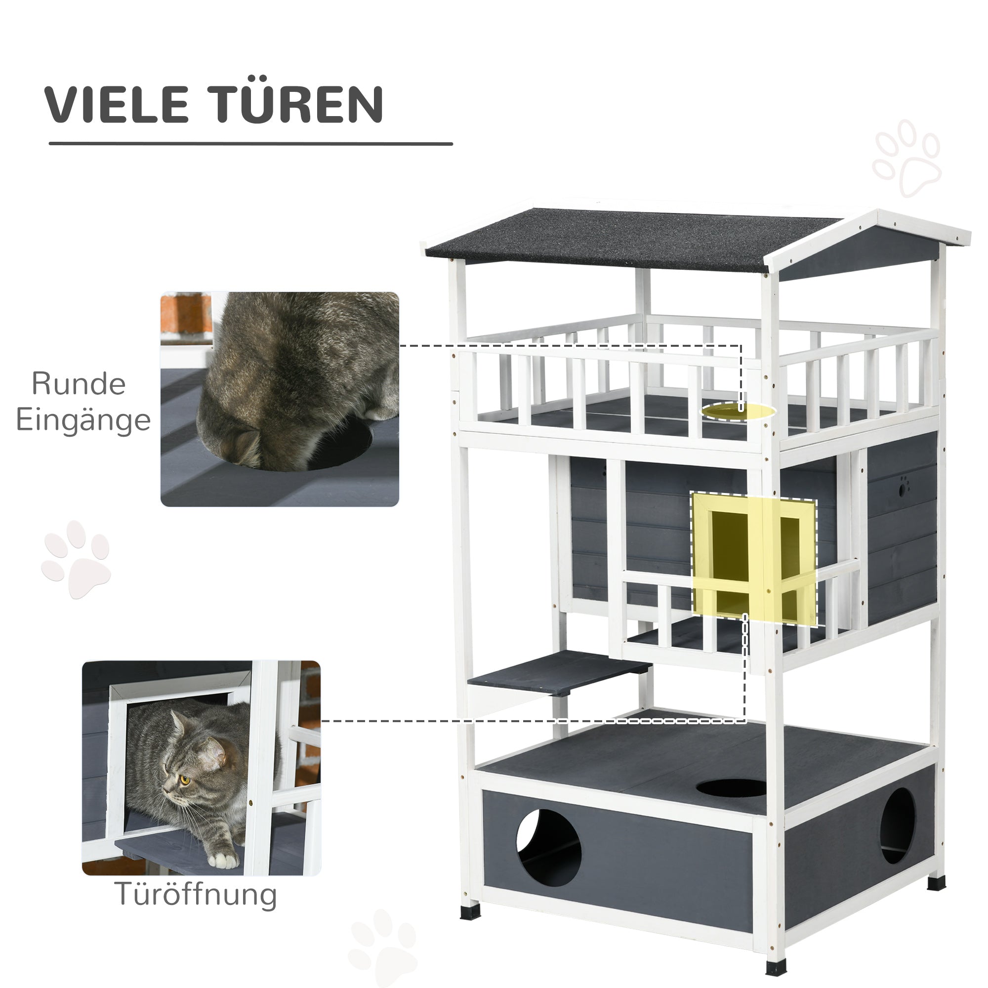 Wooden Cat House, Winterproof Waterproof Cat Cottage with Roof, Cat Cave, 4 Floors Cat Villa with Terrace and Stairs for Outdoor Garden Balcony, 75.5 x 75 x 137 cm, Gray
