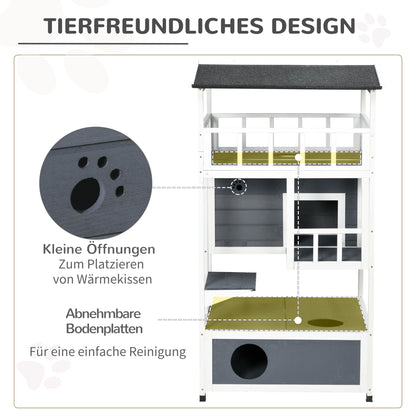 Wooden Cat House, Winterproof Waterproof Cat Cottage with Roof, Cat Cave, 4 Floors Cat Villa with Terrace and Stairs for Outdoor Garden Balcony, 75.5 x 75 x 137 cm, Gray
