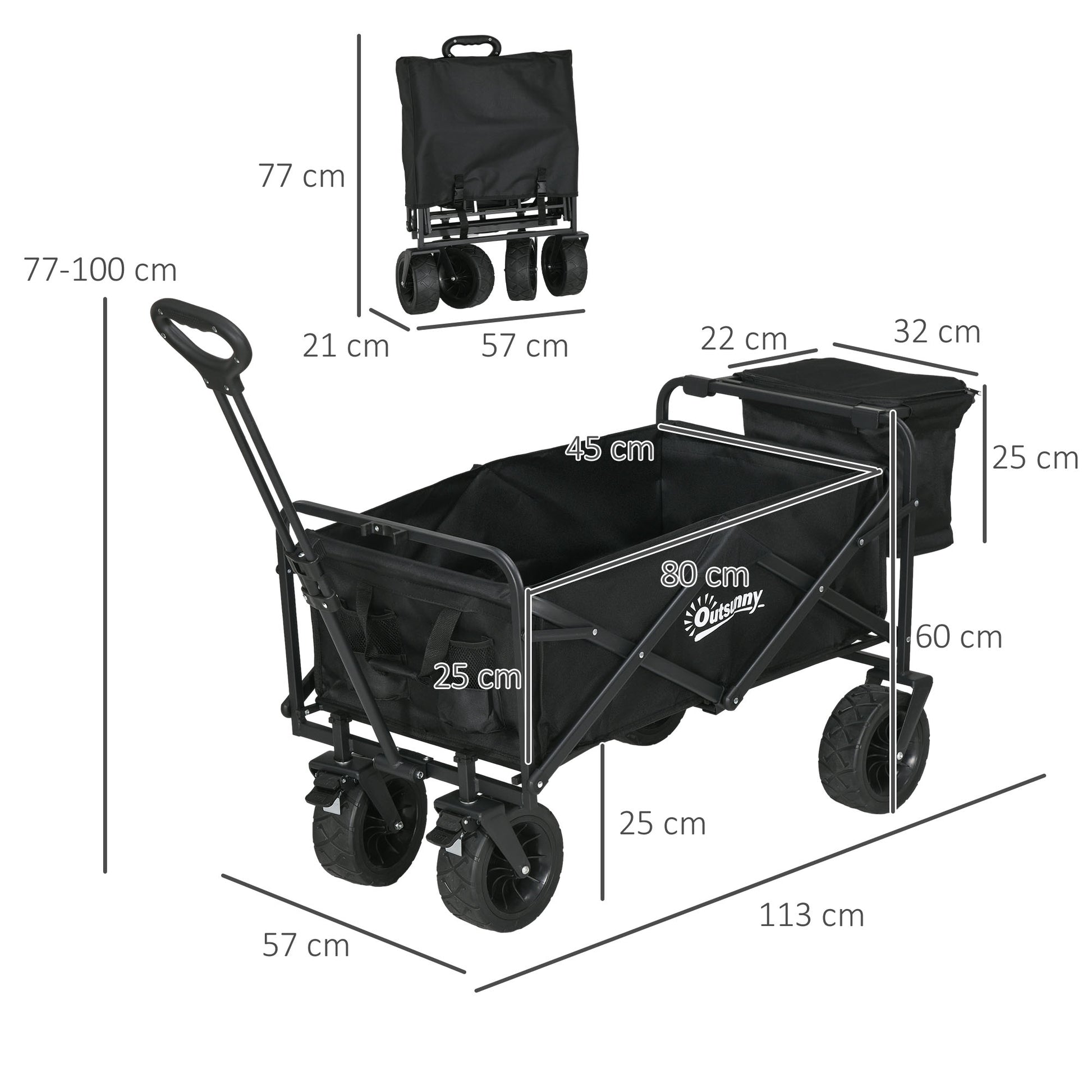 Garden Cart with Detachable Cooler Bag Folding Beach Cart with Adjustable Handle Length and Angle and Carrying Bag Load 100 kg for Shopping Black