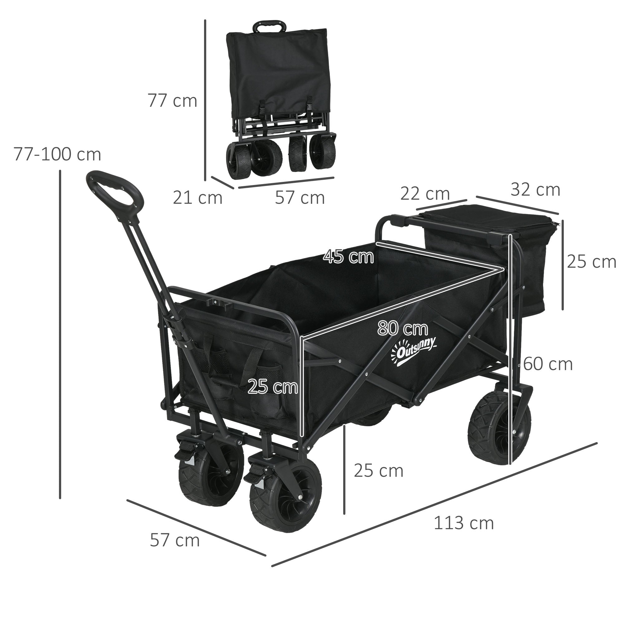 Garden Cart with Detachable Cooler Bag Folding Beach Cart with Adjustable Handle Length and Angle and Carrying Bag Load 100 kg for Shopping Black