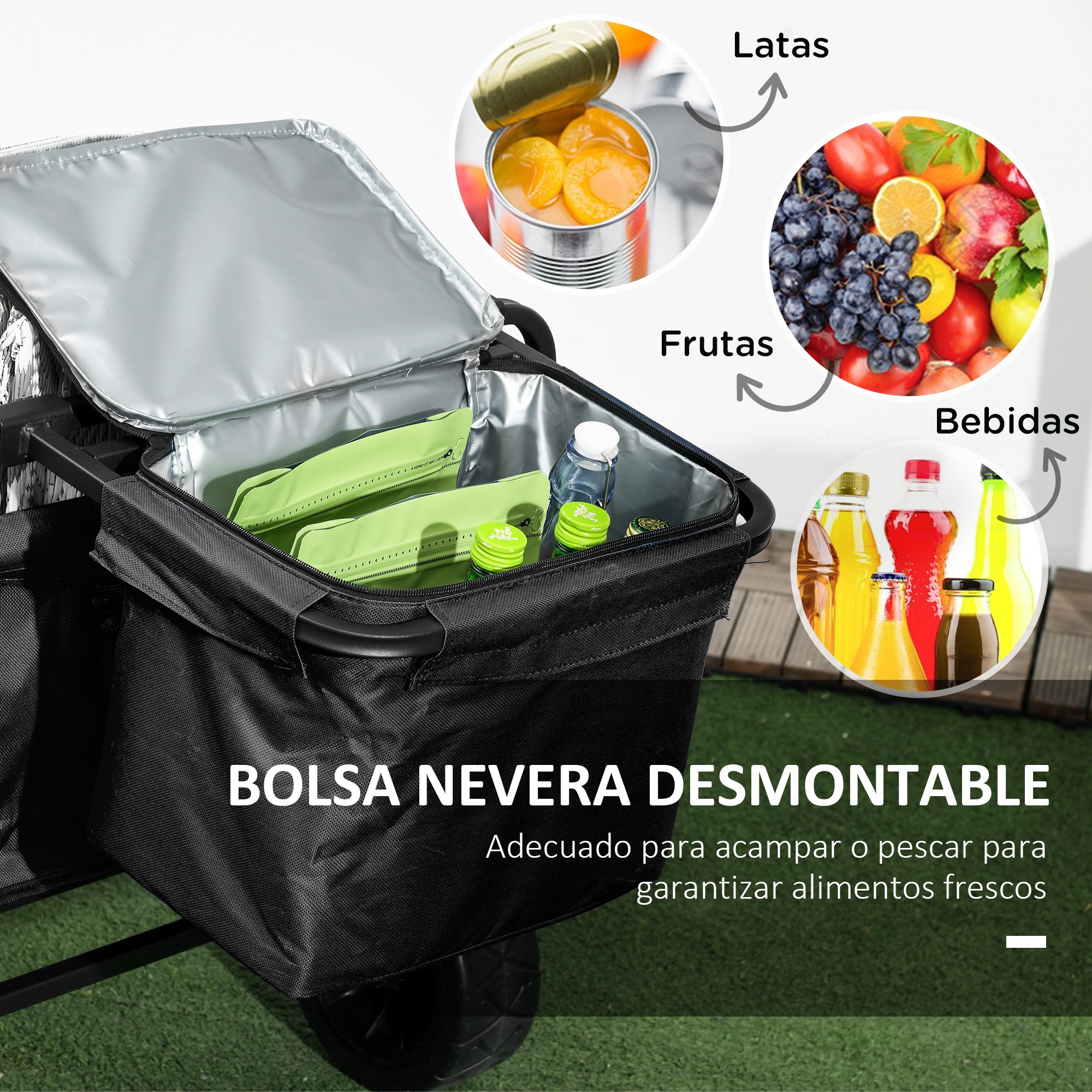 Garden Cart with Detachable Cooler Bag Folding Beach Cart with Adjustable Handle Length and Angle and Carrying Bag Load 100 kg for Shopping Black