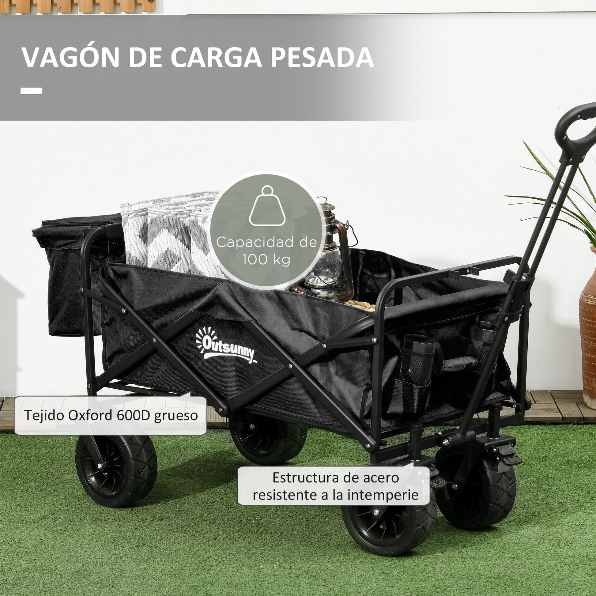 Garden Cart with Detachable Cooler Bag Folding Beach Cart with Adjustable Handle Length and Angle and Carrying Bag Load 100 kg for Shopping Black