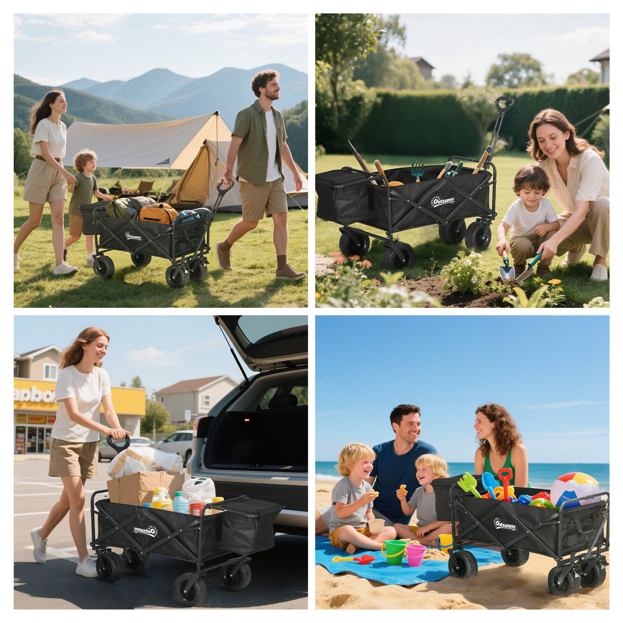 Garden Cart with Detachable Cooler Bag Folding Beach Cart with Adjustable Handle Length and Angle and Carrying Bag Load 100 kg for Shopping Black