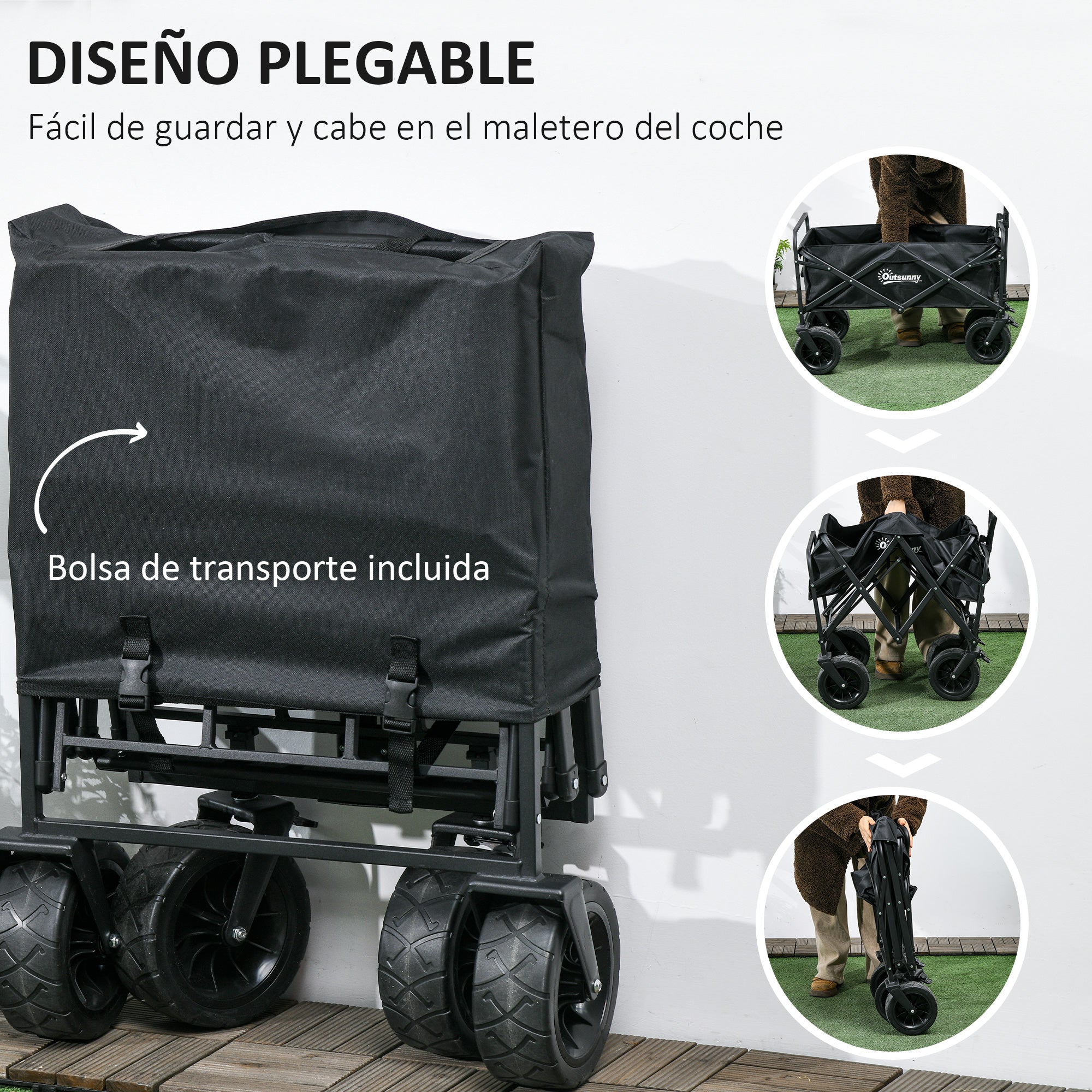 Garden Cart with Detachable Cooler Bag Folding Beach Cart with Adjustable Handle Length and Angle and Carrying Bag Load 100 kg for Shopping Black