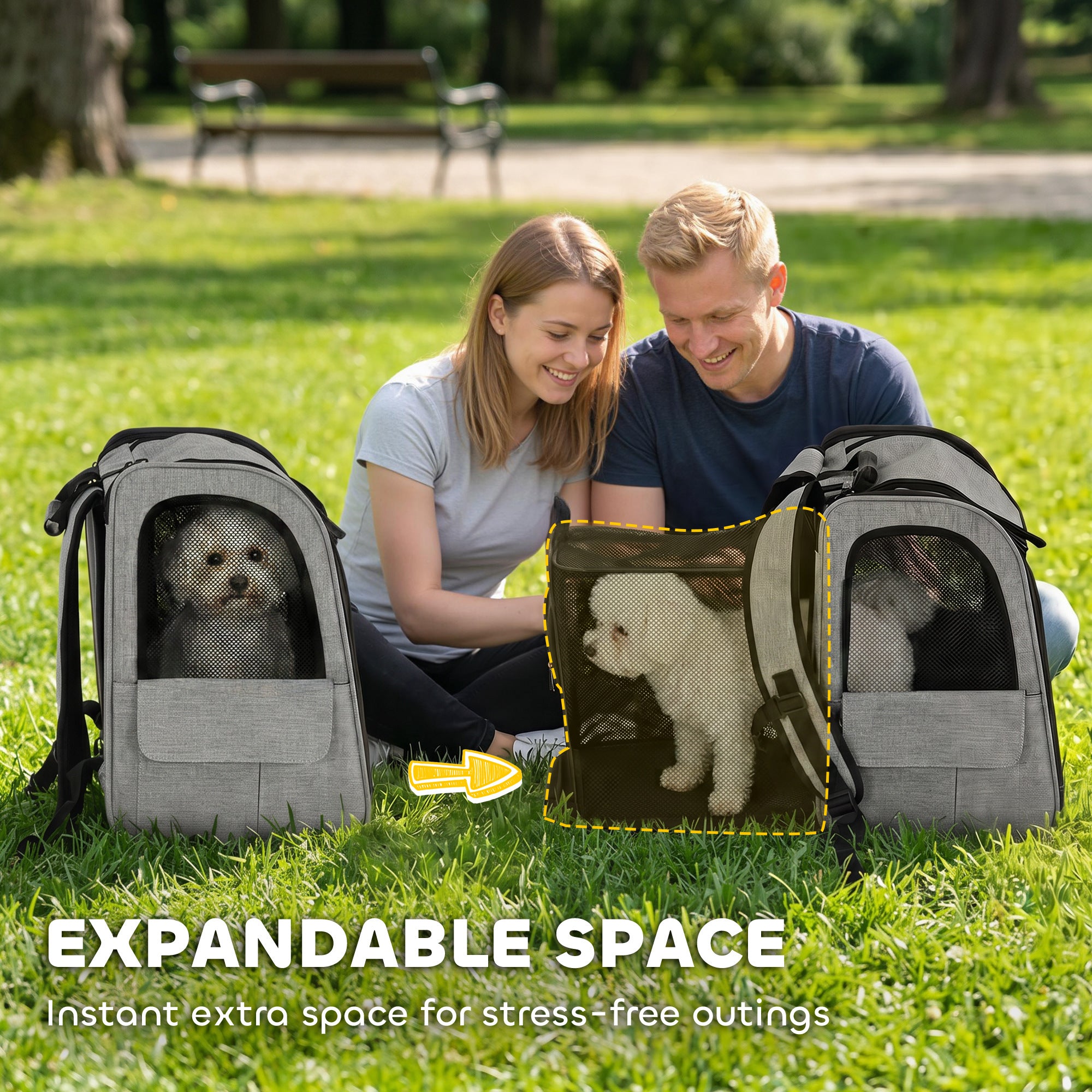 Expandable Dog Carrier with Door, 33.5 x 28 x 42 cm (13.2 x 11.0 x 16.5 in) – 5 Pockets, Reflective Stripe, Carrier for Cats & Dogs up to 10 kg (22 lb) – Light Gray