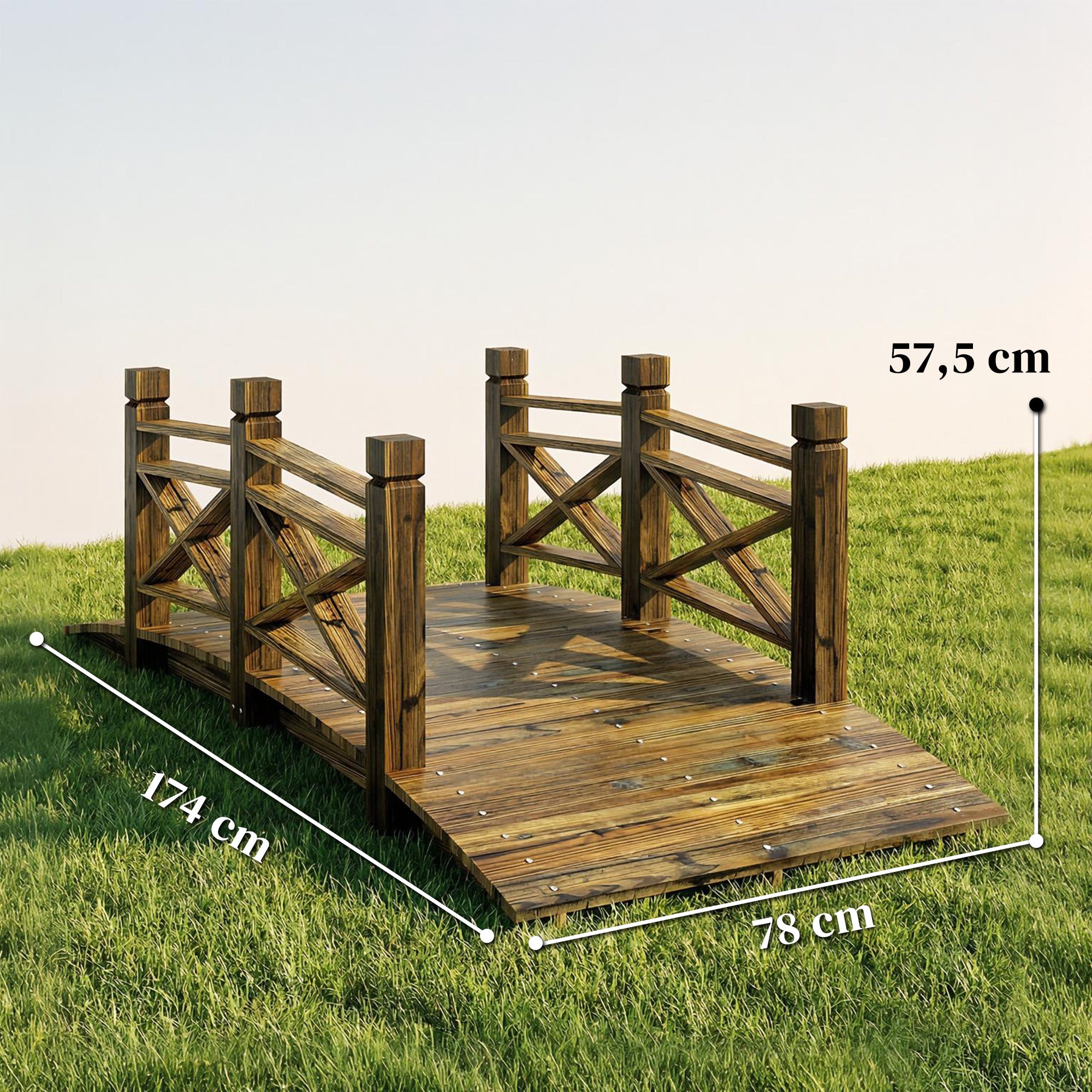 Pine Garden Bridge with Handrails, Charred Finish (Shou Sugi Ban) — Walkable Decorative Pond Bridge, Rustic Arched Design, Weather-Resistant, Up to 200 kg, 174 x 78 x 57.5 cm