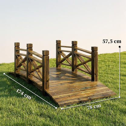 Pine Garden Bridge with Handrails, Charred Finish (Shou Sugi Ban) — Walkable Decorative Pond Bridge, Rustic Arched Design, Weather-Resistant, Up to 200 kg, 174 x 78 x 57.5 cm