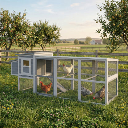 Wooden Chicken Coop with Run for 3–4 Hens, 104 x 32 x 35 in (264 x 82 x 89 cm) — Asphalt Roof, Oxford Cover, Nest Box, Perches, Pull-Out Tray — Gray