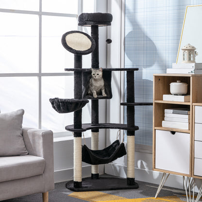 Cat Scratching Tree Large 65x50x153 cm Cat Tower Activity Center with Multiple Platforms Post Hammock Toy Balls and Dark Gray Cave