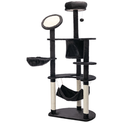 Cat Scratching Tree Large 65x50x153 cm Cat Tower Activity Center with Multiple Platforms Post Hammock Toy Balls and Dark Gray Cave