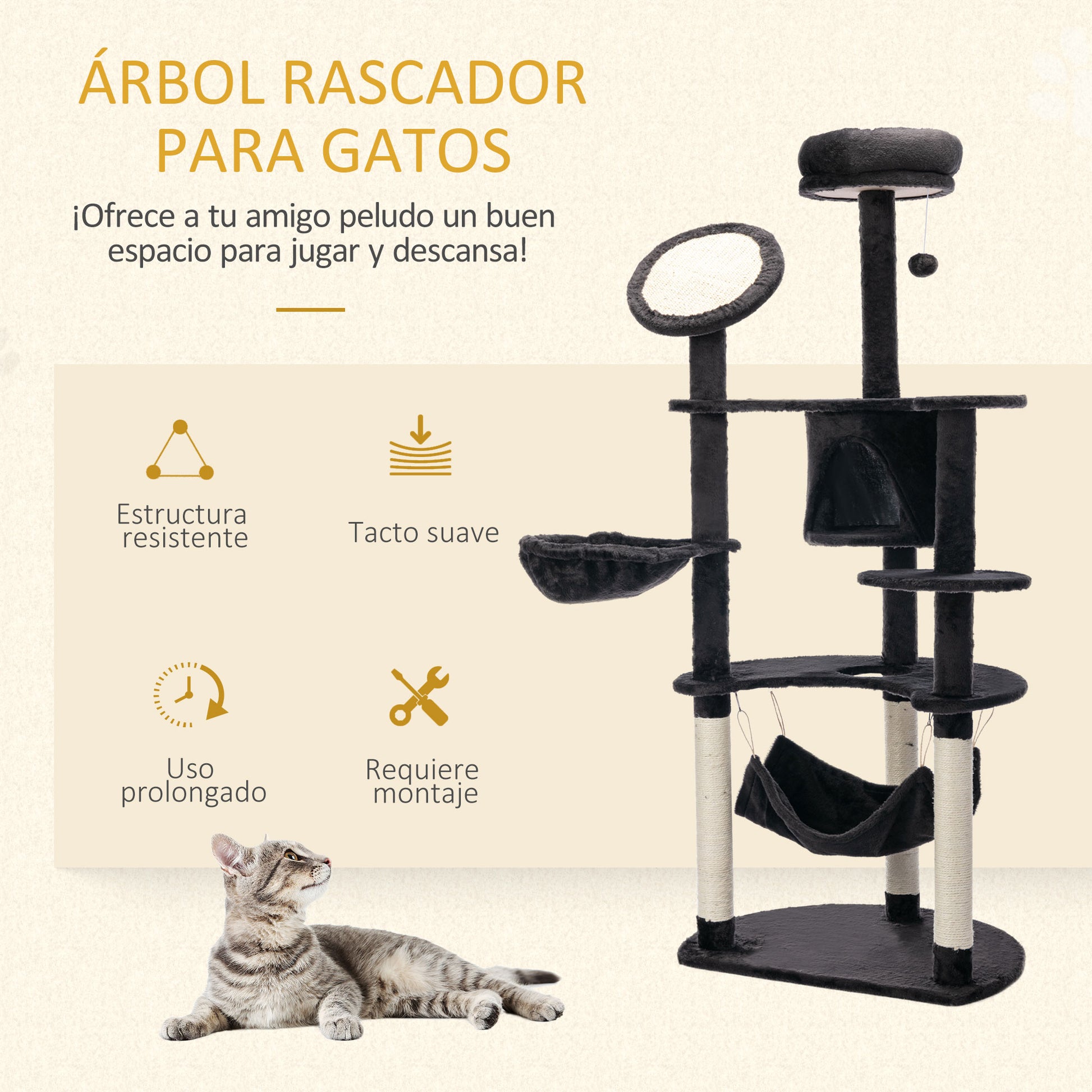Cat Scratching Tree Large 65x50x153 cm Cat Tower Activity Center with Multiple Platforms Post Hammock Toy Balls and Dark Gray Cave