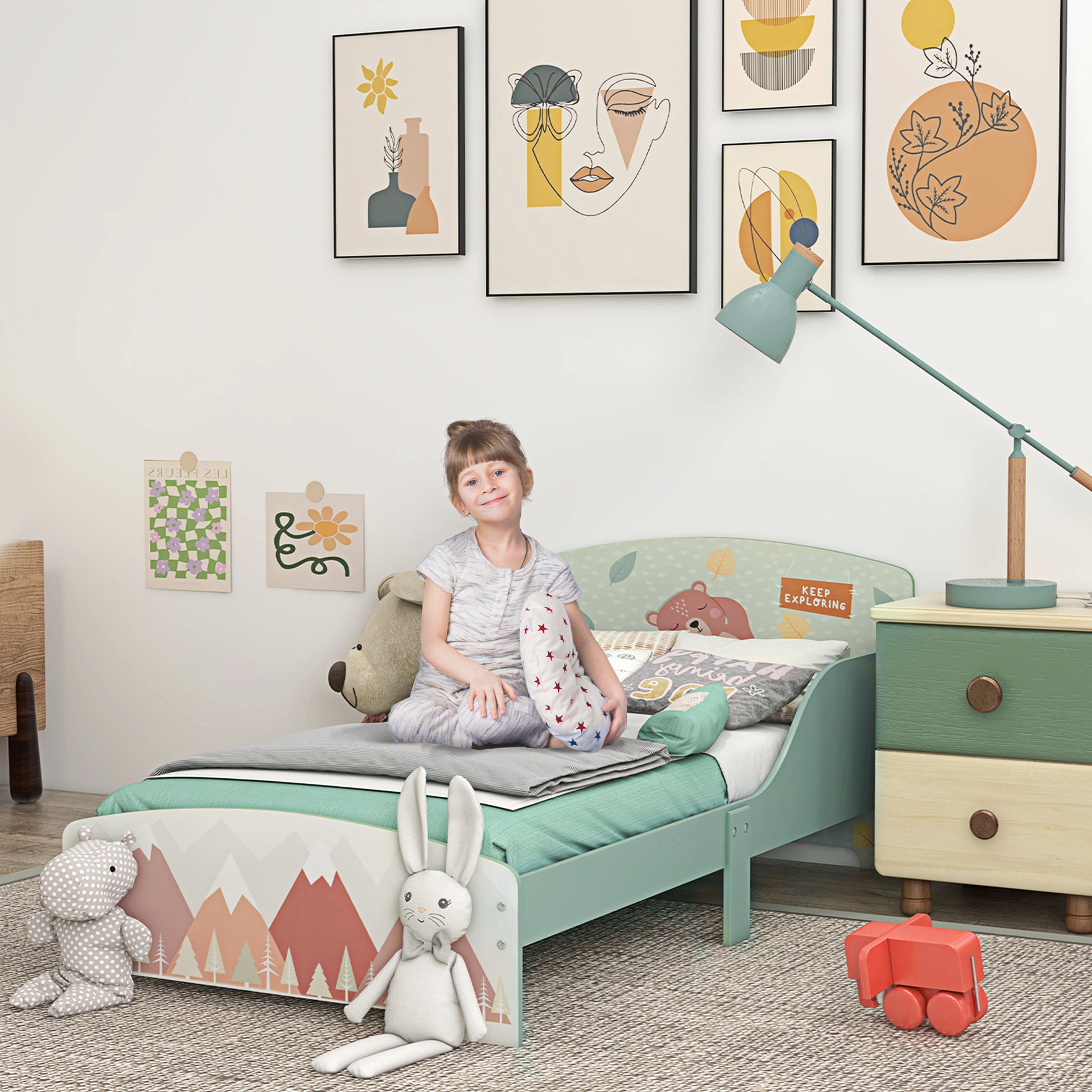 ZONEKIZ Wooden Children's Bed 143x77x60 cm Bed for Kids 3-6 Years with Protective Rails and Prints Max Load 40 kg Modern Green Bedroom Furniture