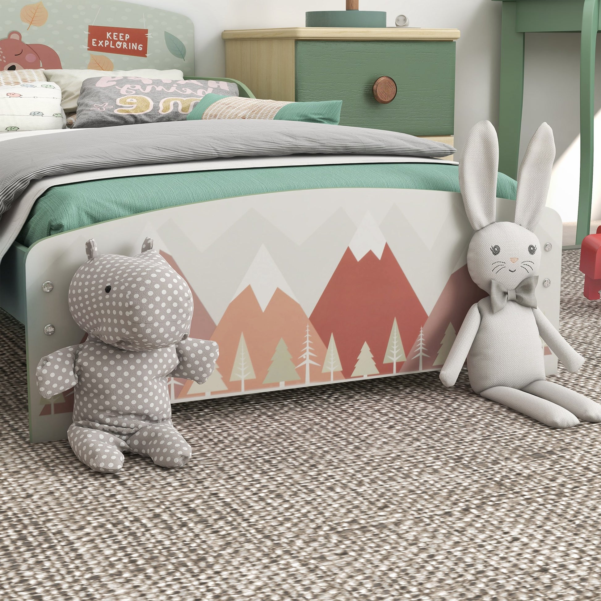 ZONEKIZ Wooden Children's Bed 143x77x60 cm Bed for Kids 3-6 Years with Protective Rails and Prints Max Load 40 kg Modern Green Bedroom Furniture