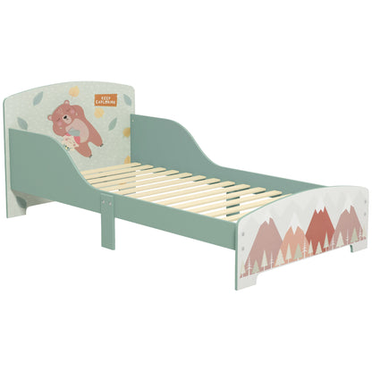 ZONEKIZ Wooden Children's Bed 143x77x60 cm Bed for Kids 3-6 Years with Protective Rails and Prints Max Load 40 kg Modern Green Bedroom Furniture