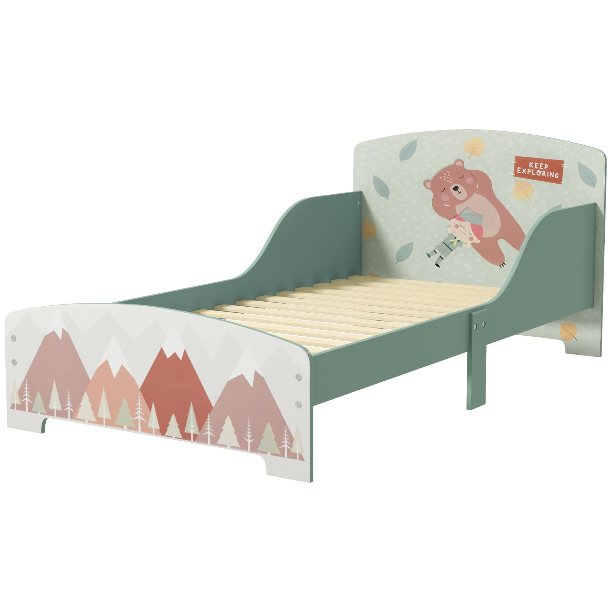 ZONEKIZ Wooden Children's Bed 143x77x60 cm Bed for Kids 3-6 Years with Protective Rails and Prints Max Load 40 kg Modern Green Bedroom Furniture