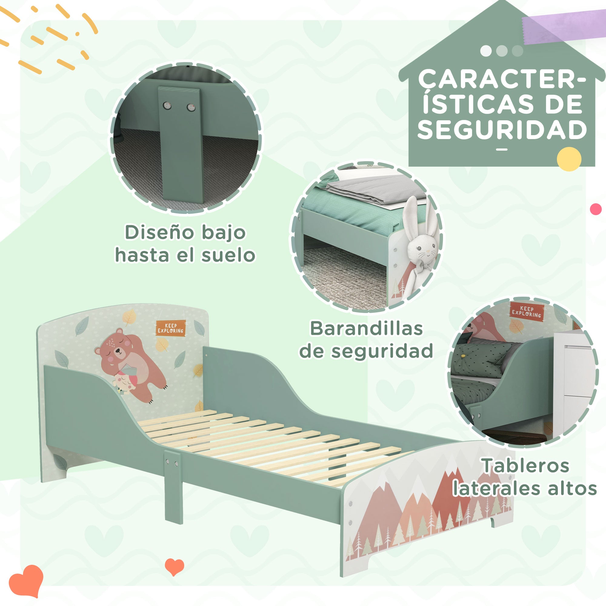 ZONEKIZ Wooden Children's Bed 143x77x60 cm Bed for Kids 3-6 Years with Protective Rails and Prints Max Load 40 kg Modern Green Bedroom Furniture