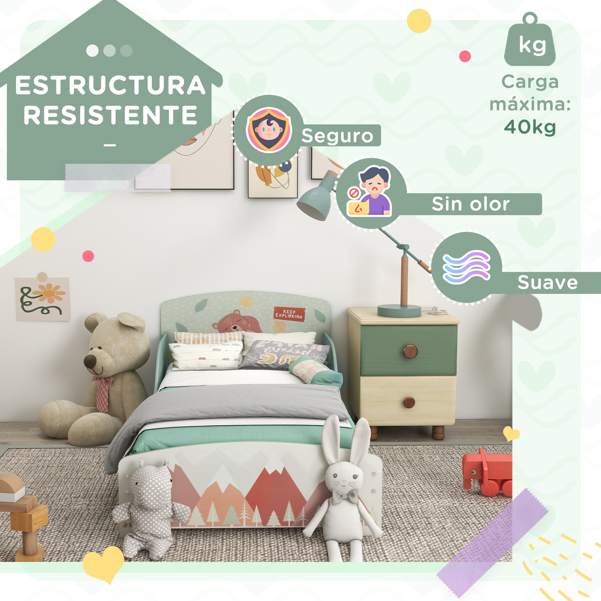 ZONEKIZ Wooden Children's Bed 143x77x60 cm Bed for Kids 3-6 Years with Protective Rails and Prints Max Load 40 kg Modern Green Bedroom Furniture