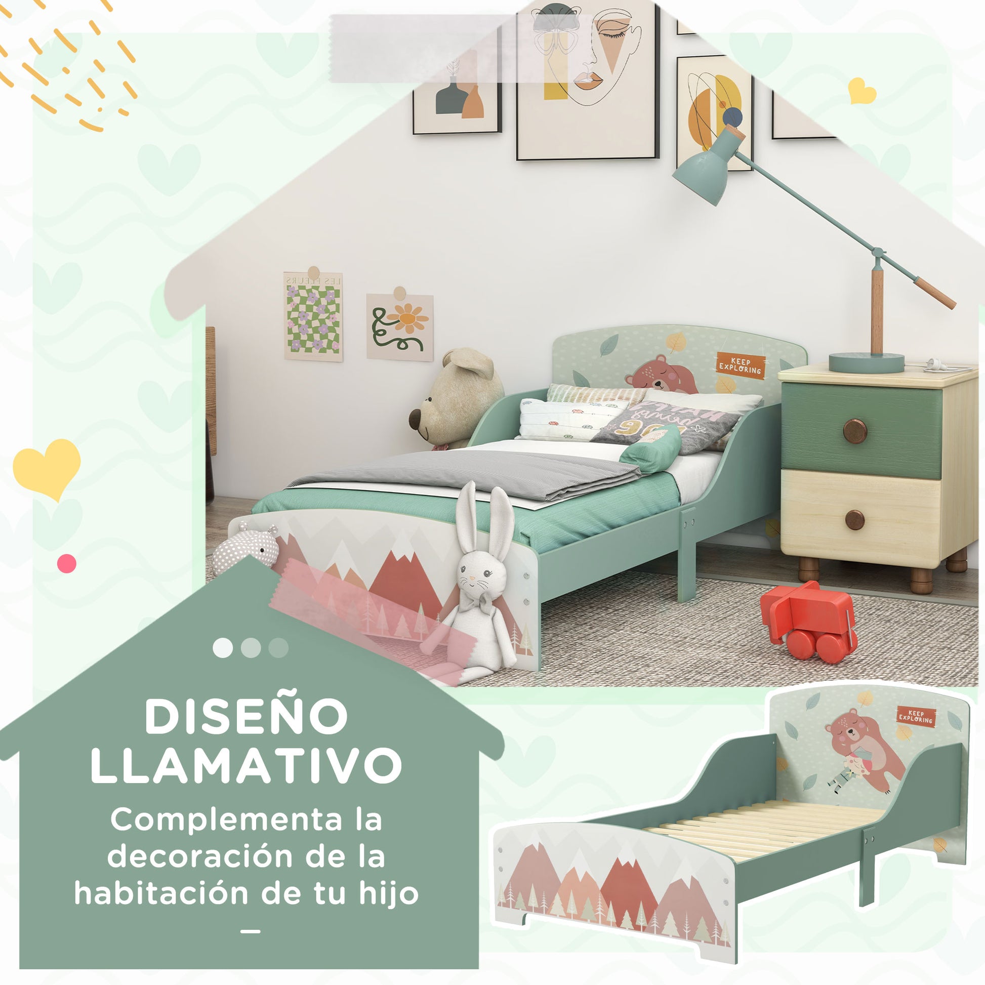 ZONEKIZ Wooden Children's Bed 143x77x60 cm Bed for Kids 3-6 Years with Protective Rails and Prints Max Load 40 kg Modern Green Bedroom Furniture