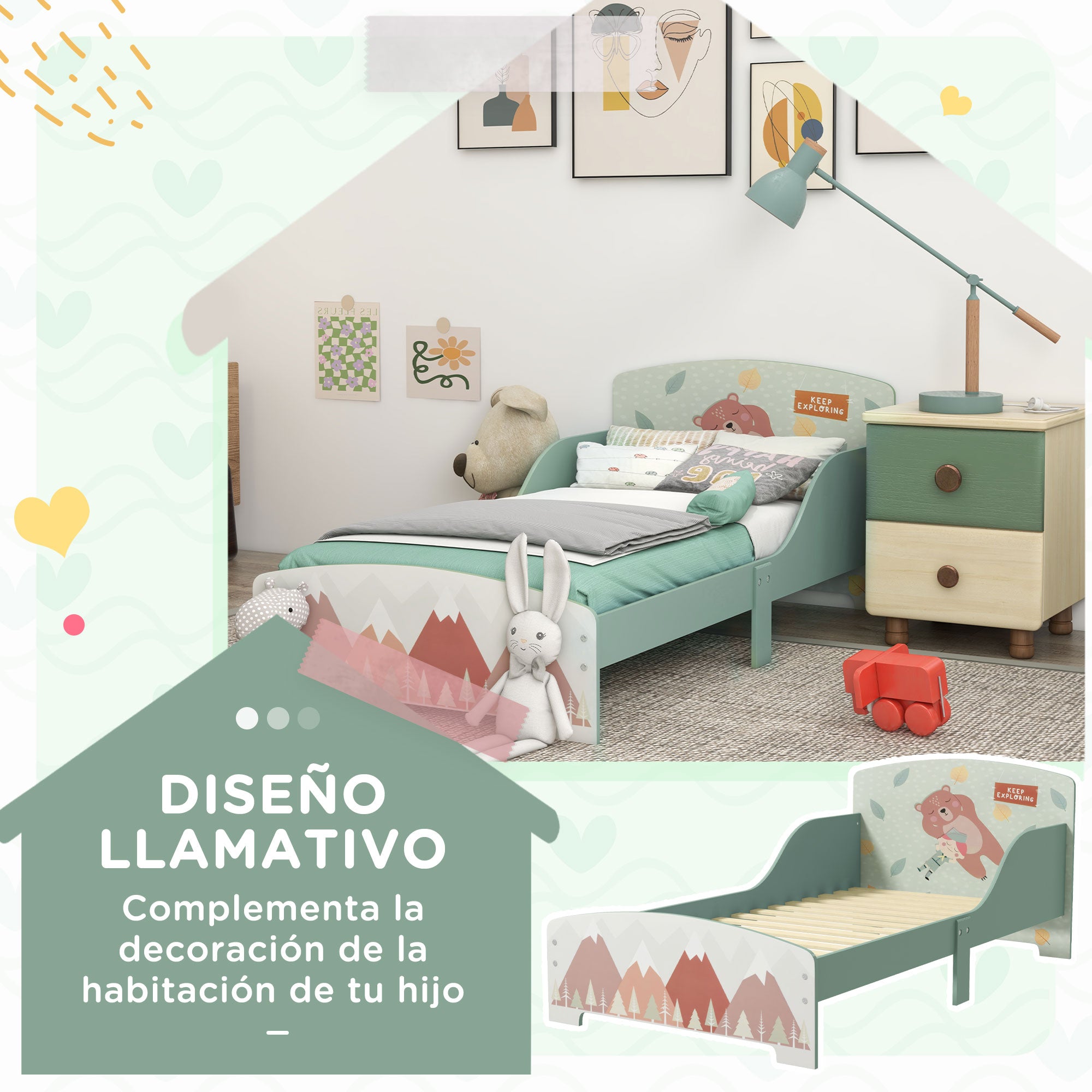 ZONEKIZ Wooden Children's Bed 143x77x60 cm Bed for Kids 3-6 Years with Protective Rails and Prints Max Load 40 kg Modern Green Bedroom Furniture