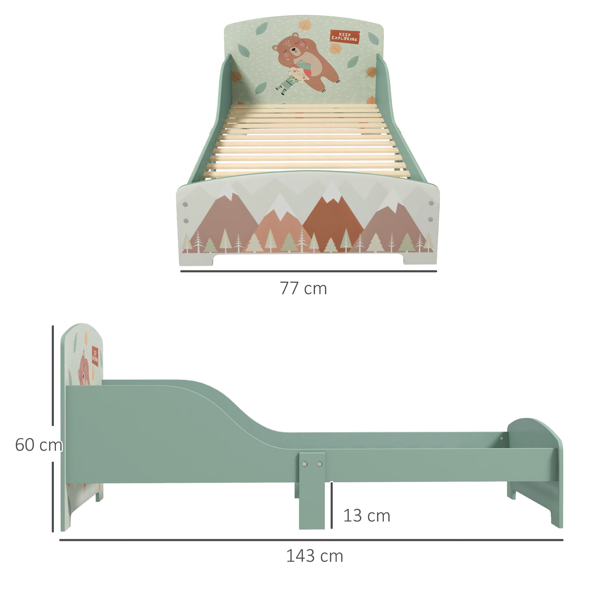ZONEKIZ Wooden Children's Bed 143x77x60 cm Bed for Kids 3-6 Years with Protective Rails and Prints Max Load 40 kg Modern Green Bedroom Furniture