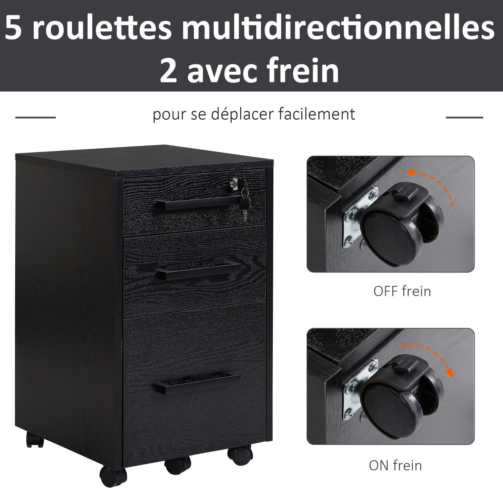 Office Cabinet Storage Cabinet on Wheels 3 Drawers 1 Lockable 1 File Sorter MDF Particle Boards Black