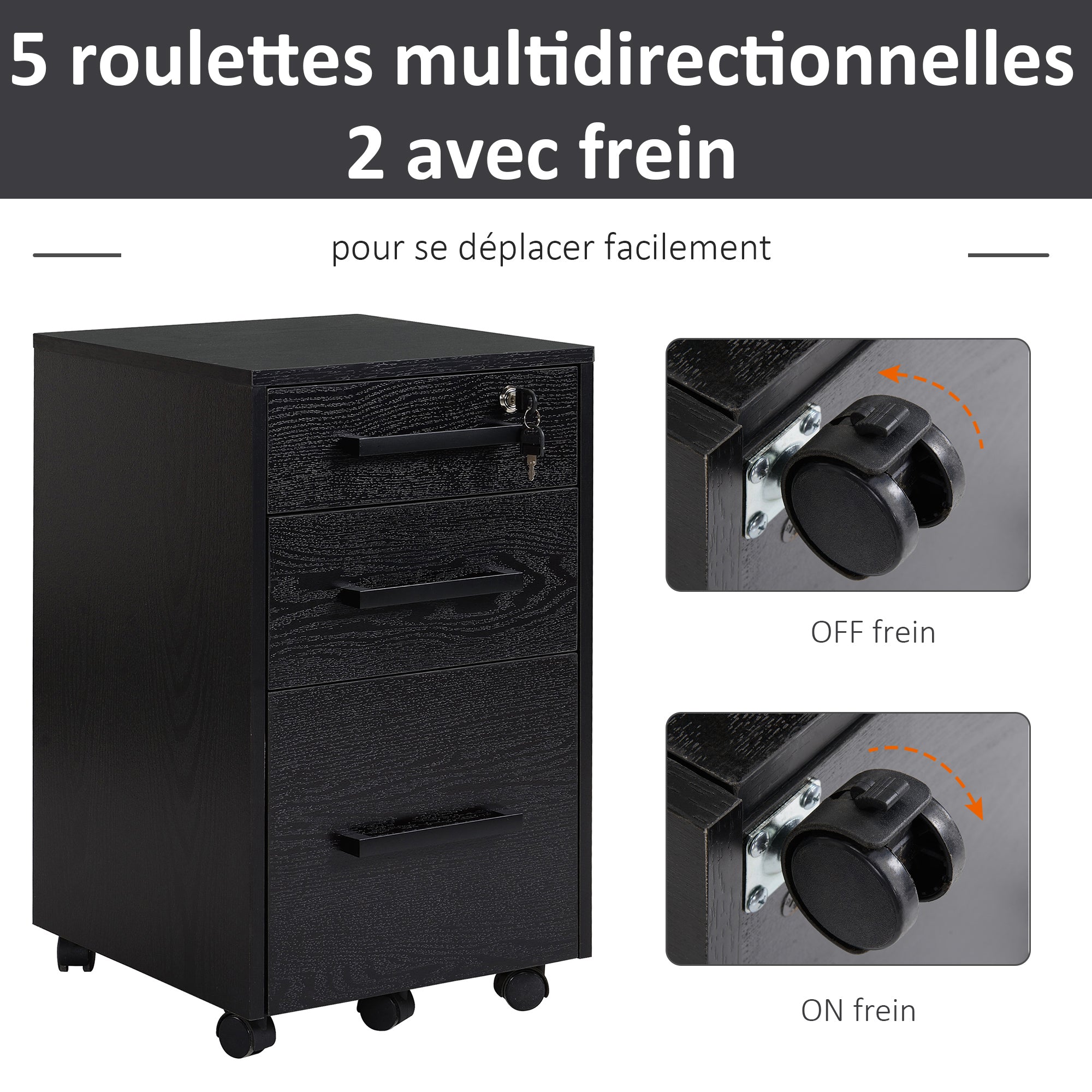 Office Cabinet Storage Cabinet on Wheels 3 Drawers 1 Lockable 1 File Sorter MDF Particle Boards Black