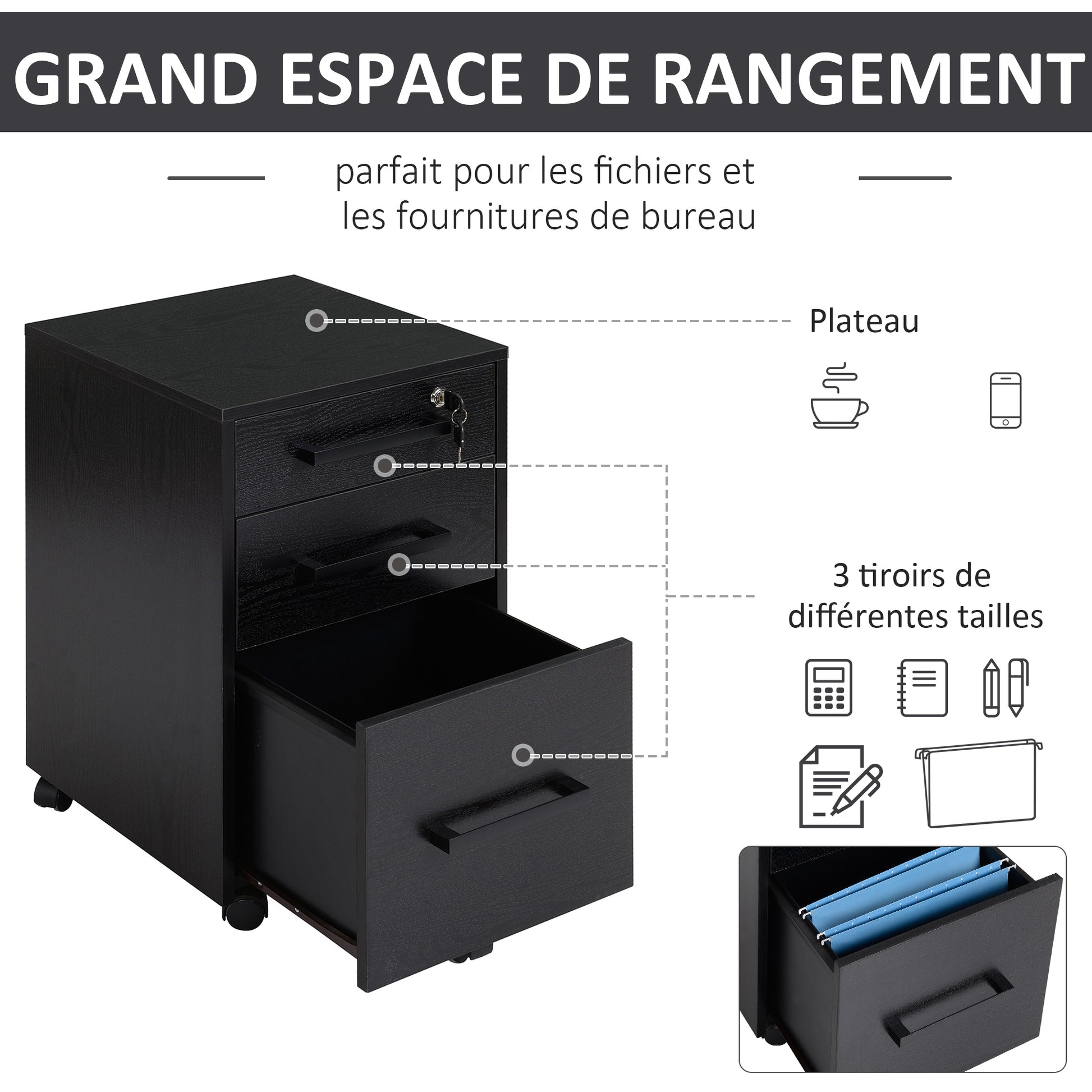 Office Cabinet Storage Cabinet on Wheels 3 Drawers 1 Lockable 1 File Sorter MDF Particle Boards Black