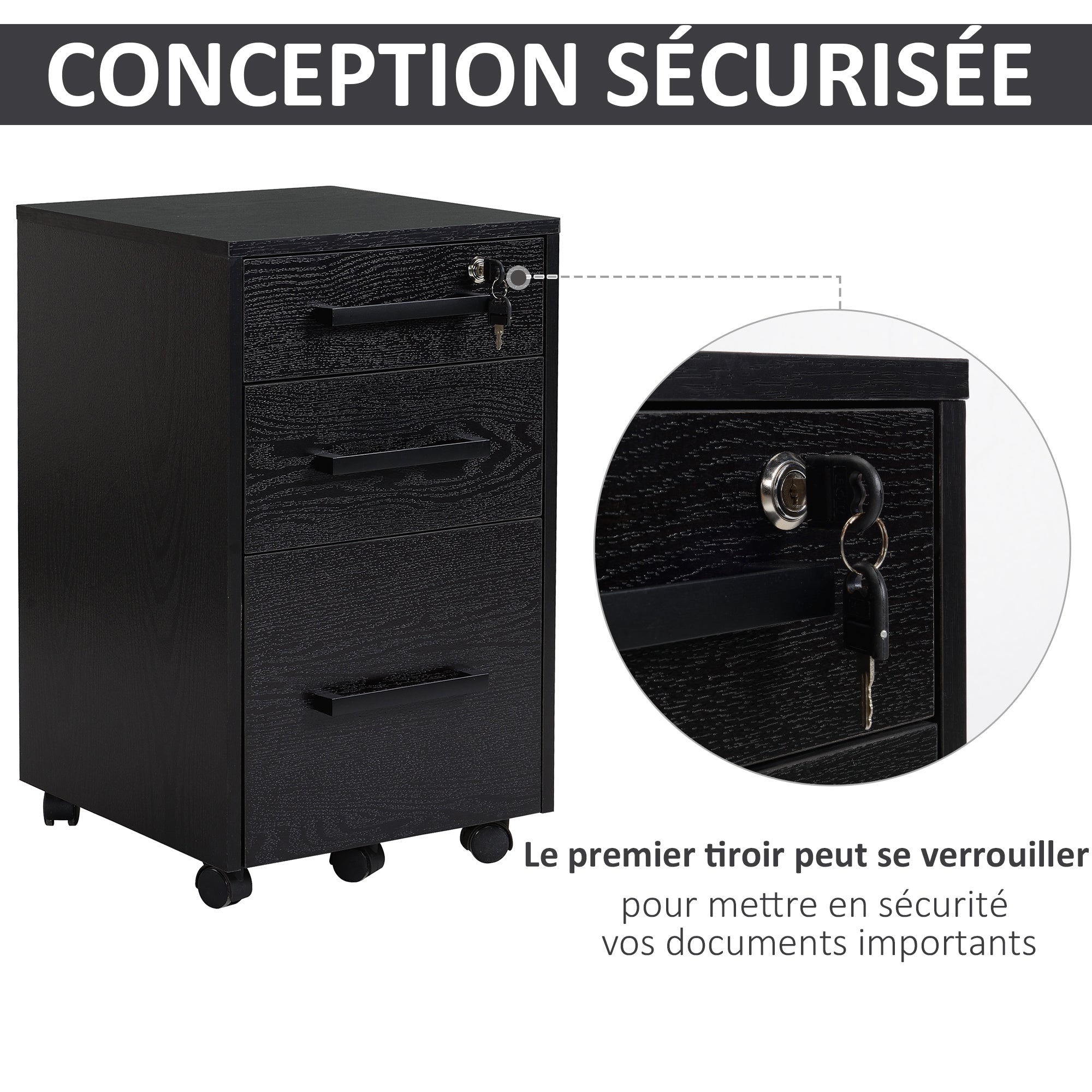 Office Cabinet Storage Cabinet on Wheels 3 Drawers 1 Lockable 1 File Sorter MDF Particle Boards Black