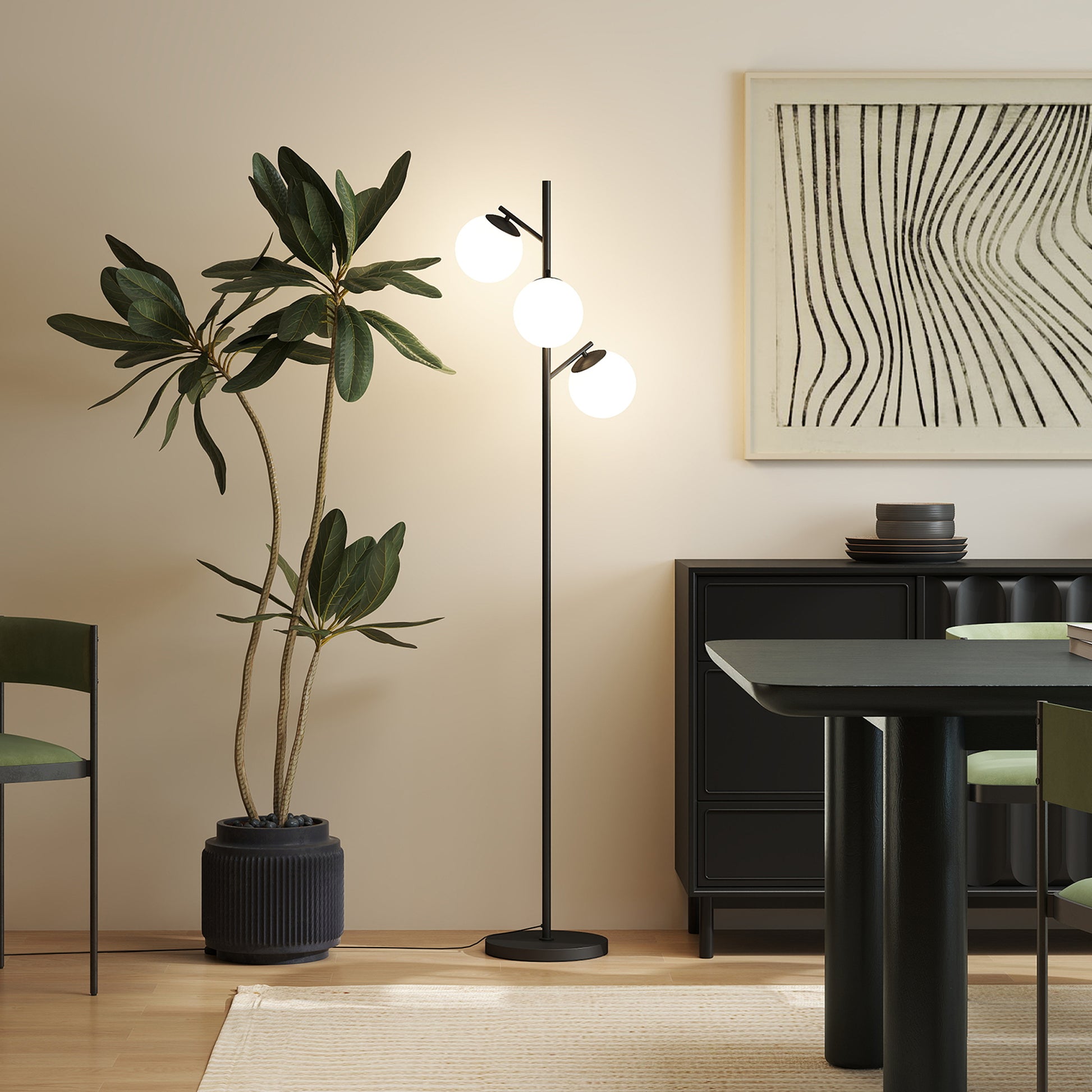 Floor Lamp with Black Metal Stand and 3 White Frosted Glass Globe Lampshades - 40W - Ø 27 x 169 cm Black