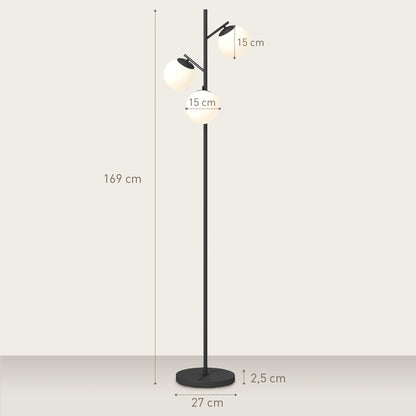 Floor Lamp with Black Metal Stand and 3 White Frosted Glass Globe Lampshades - 40W - Ø 27 x 169 cm Black
