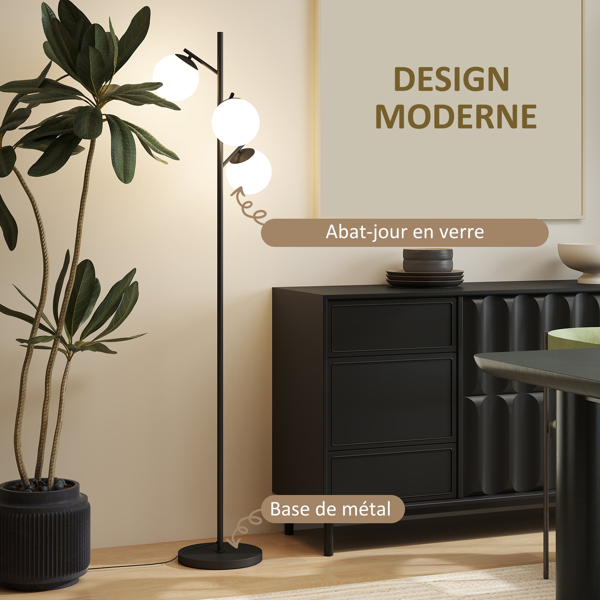 Floor Lamp with Black Metal Stand and 3 White Frosted Glass Globe Lampshades - 40W - Ø 27 x 169 cm Black