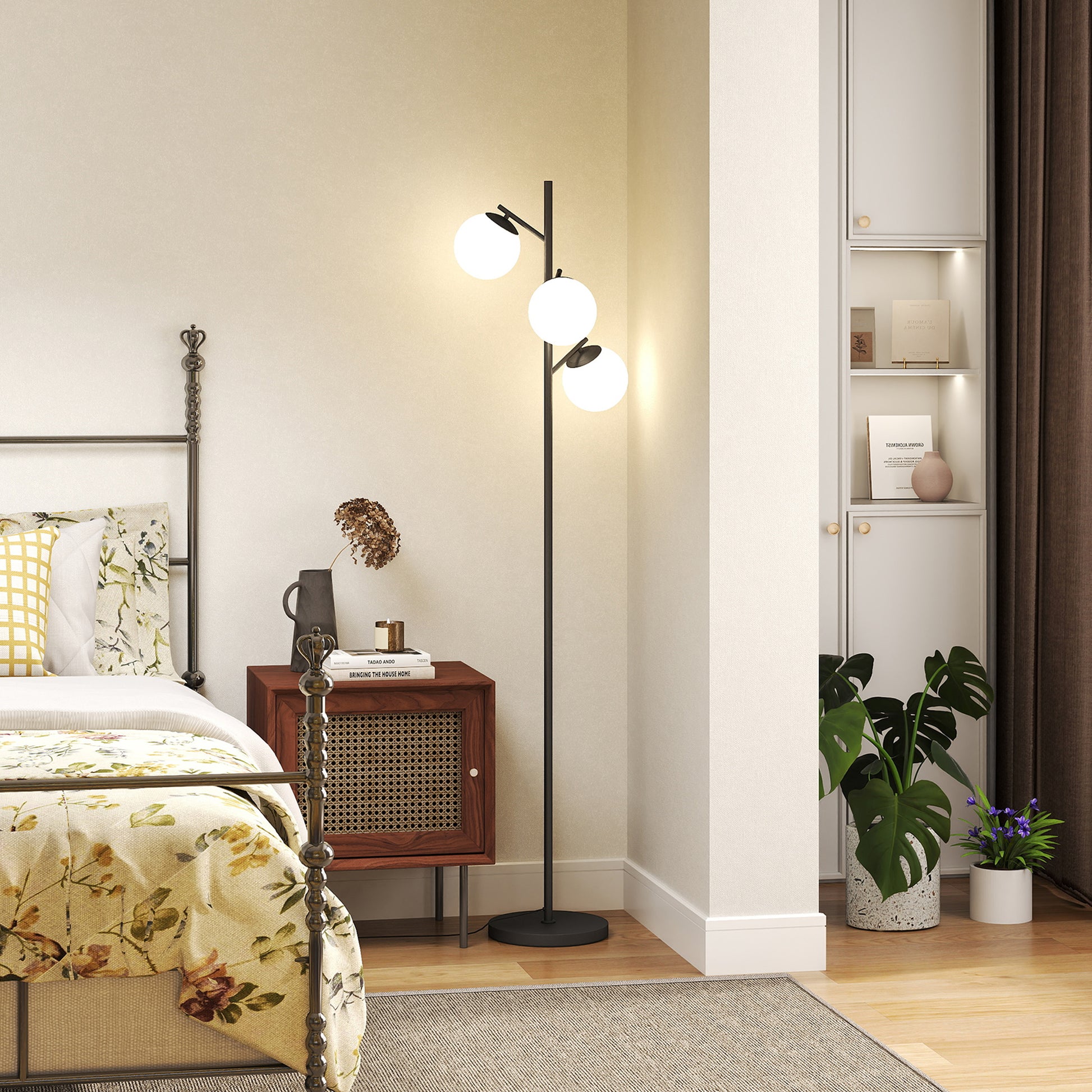 Floor Lamp with Black Metal Stand and 3 White Frosted Glass Globe Lampshades - 40W - Ø 27 x 169 cm Black