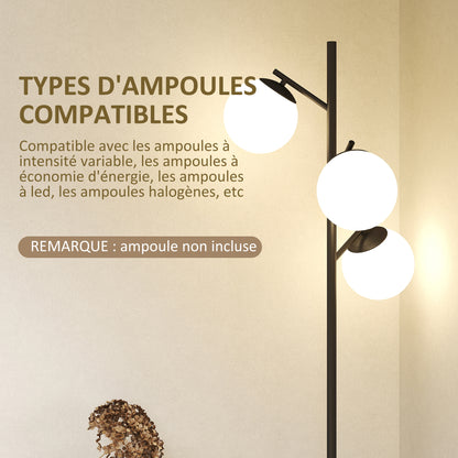 Floor Lamp with Black Metal Stand and 3 White Frosted Glass Globe Lampshades - 40W - Ø 27 x 169 cm Black