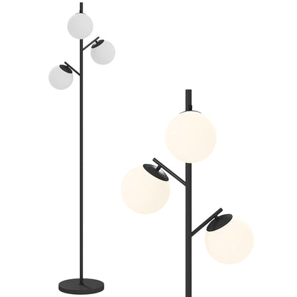 Floor Lamp with Black Metal Stand and 3 White Frosted Glass Globe Lampshades - 40W - Ø 27 x 169 cm Black