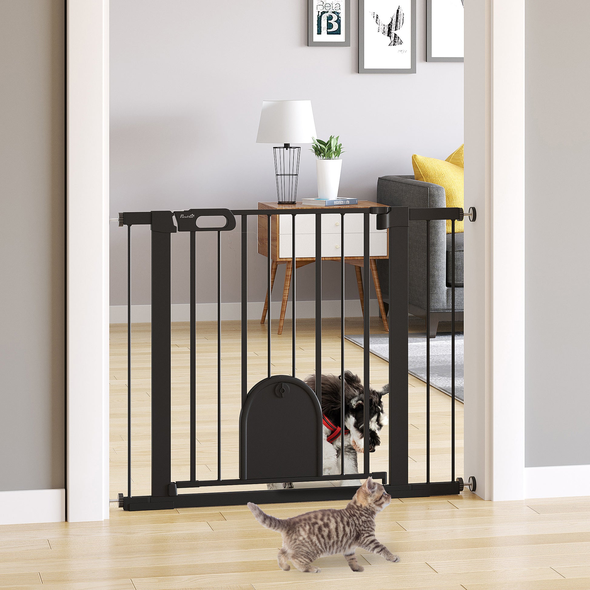 Pet Safety Gate 75-103 cm for Stairs and Doors with 2 Extensions Automatic Lock and Double Locking System Black