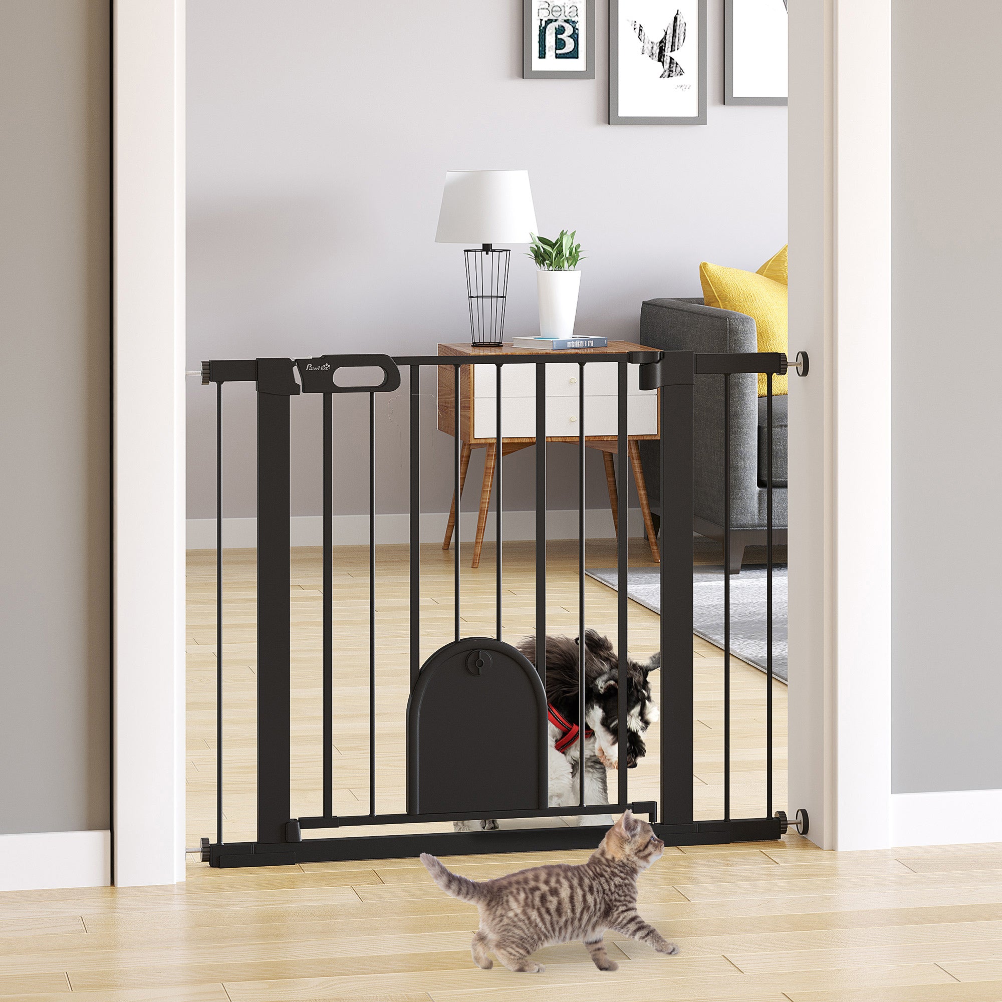 Pet Safety Gate 75-103 cm for Stairs and Doors with 2 Extensions Automatic Lock and Double Locking System Black