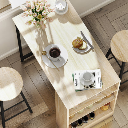 Bar Table Set Bar Table with Bar Stool Set Kitchen Counter with 2 Bar Chairs and Footrest Modern Kitchen Table with 4 Adjustable Shelves for Kitchen, Dining Room, Oak