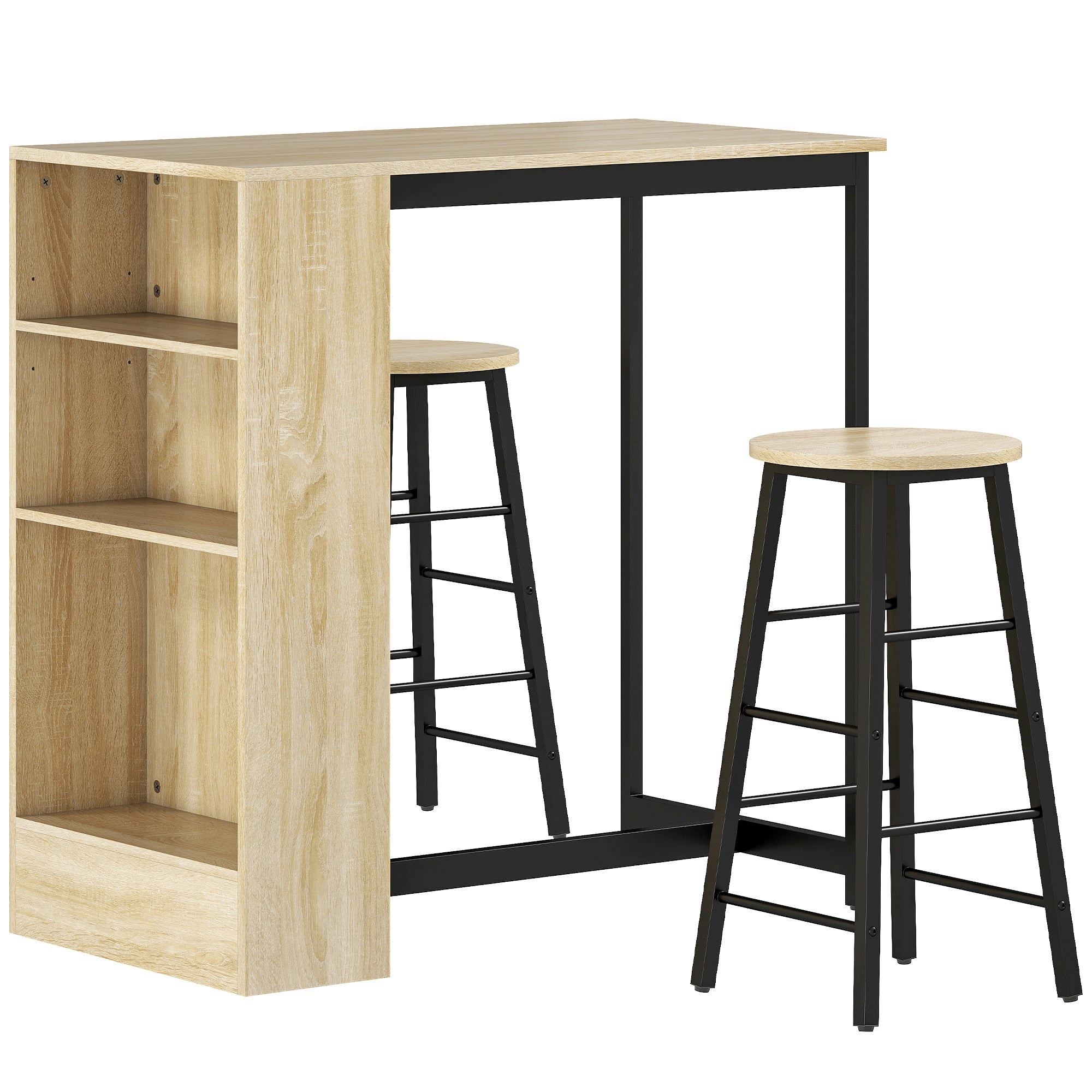 Bar Table Set Bar Table with Bar Stool Set Kitchen Counter with 2 Bar Chairs and Footrest Modern Kitchen Table with 4 Adjustable Shelves for Kitchen, Dining Room, Oak