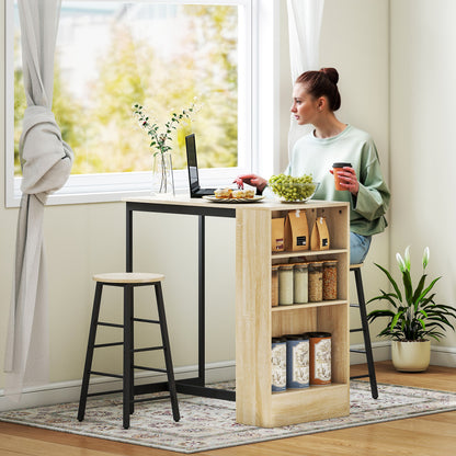 Bar Table Set Bar Table with Bar Stool Set Kitchen Counter with 2 Bar Chairs and Footrest Modern Kitchen Table with 4 Adjustable Shelves for Kitchen, Dining Room, Oak