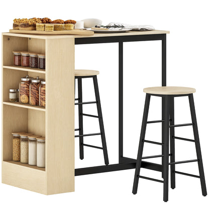 Bar Table Set Bar Table with Bar Stool Set Kitchen Counter with 2 Bar Chairs and Footrest Modern Kitchen Table with 4 Adjustable Shelves for Kitchen, Dining Room, Oak
