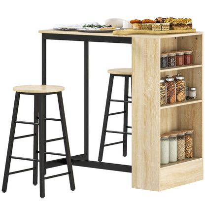 Bar Table Set Bar Table with Bar Stool Set Kitchen Counter with 2 Bar Chairs and Footrest Modern Kitchen Table with 4 Adjustable Shelves for Kitchen, Dining Room, Oak