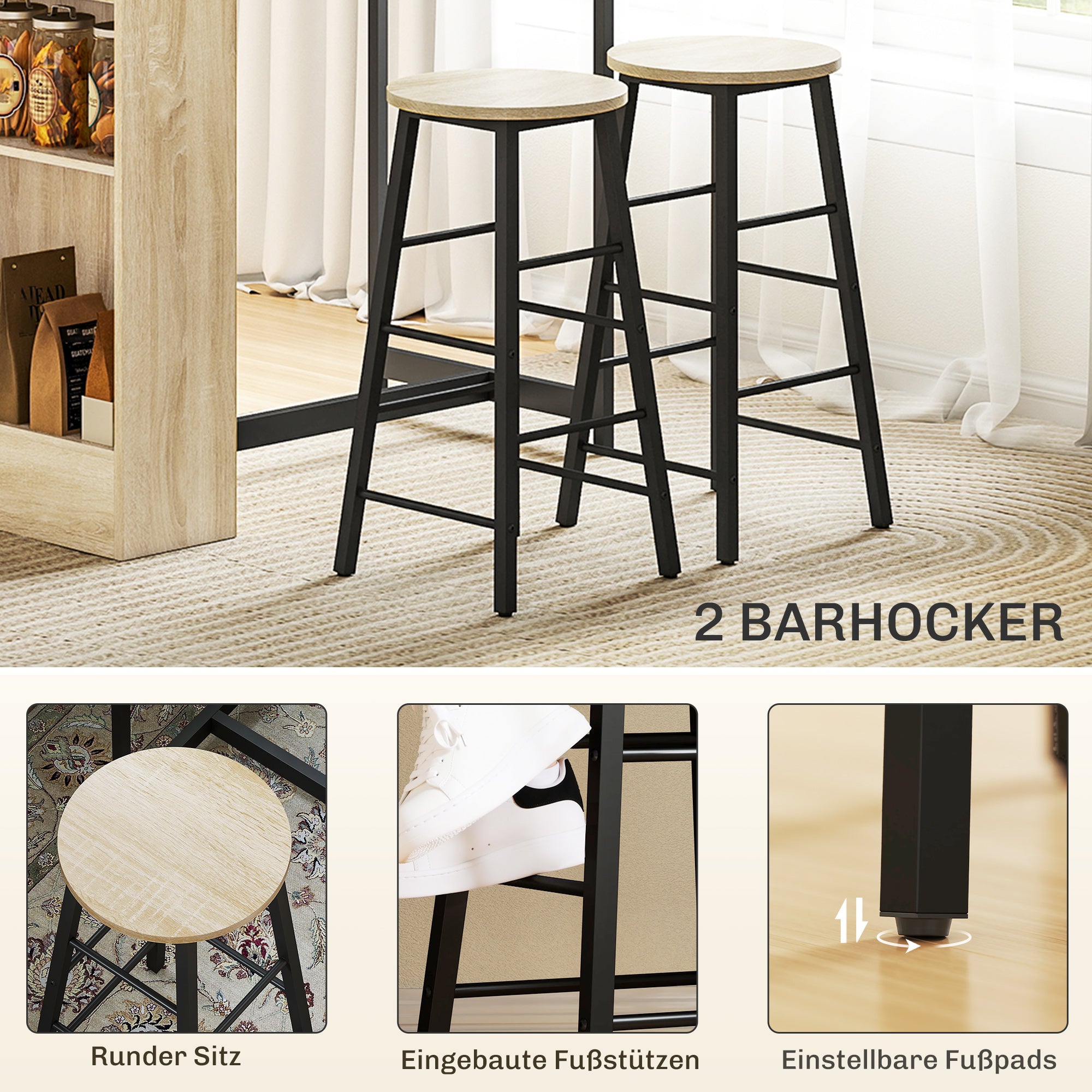 Bar Table Set Bar Table with Bar Stool Set Kitchen Counter with 2 Bar Chairs and Footrest Modern Kitchen Table with 4 Adjustable Shelves for Kitchen, Dining Room, Oak