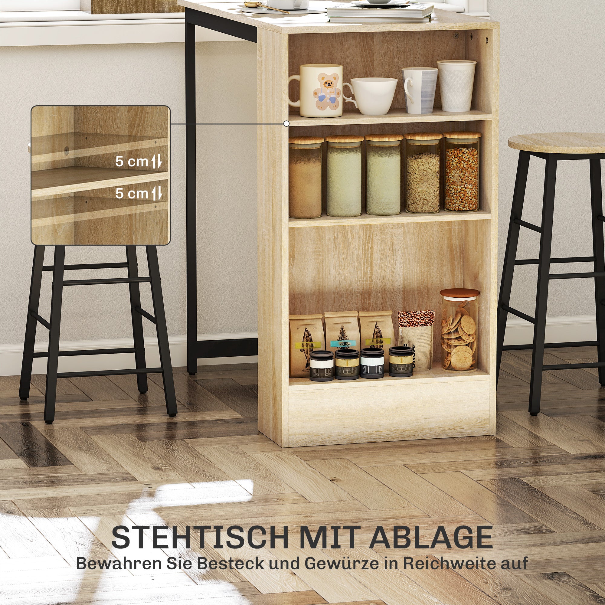 Bar Table Set Bar Table with Bar Stool Set Kitchen Counter with 2 Bar Chairs and Footrest Modern Kitchen Table with 4 Adjustable Shelves for Kitchen, Dining Room, Oak